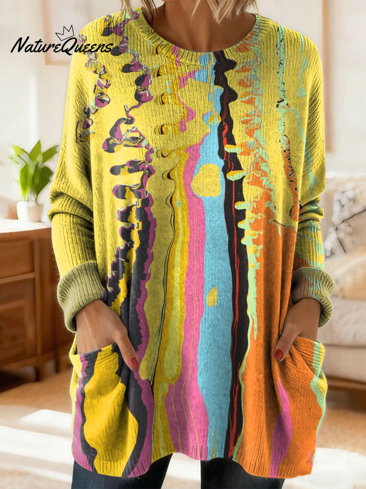 Women's Retro Color Gradient Art Print Casual Cotton Knitted Sweater