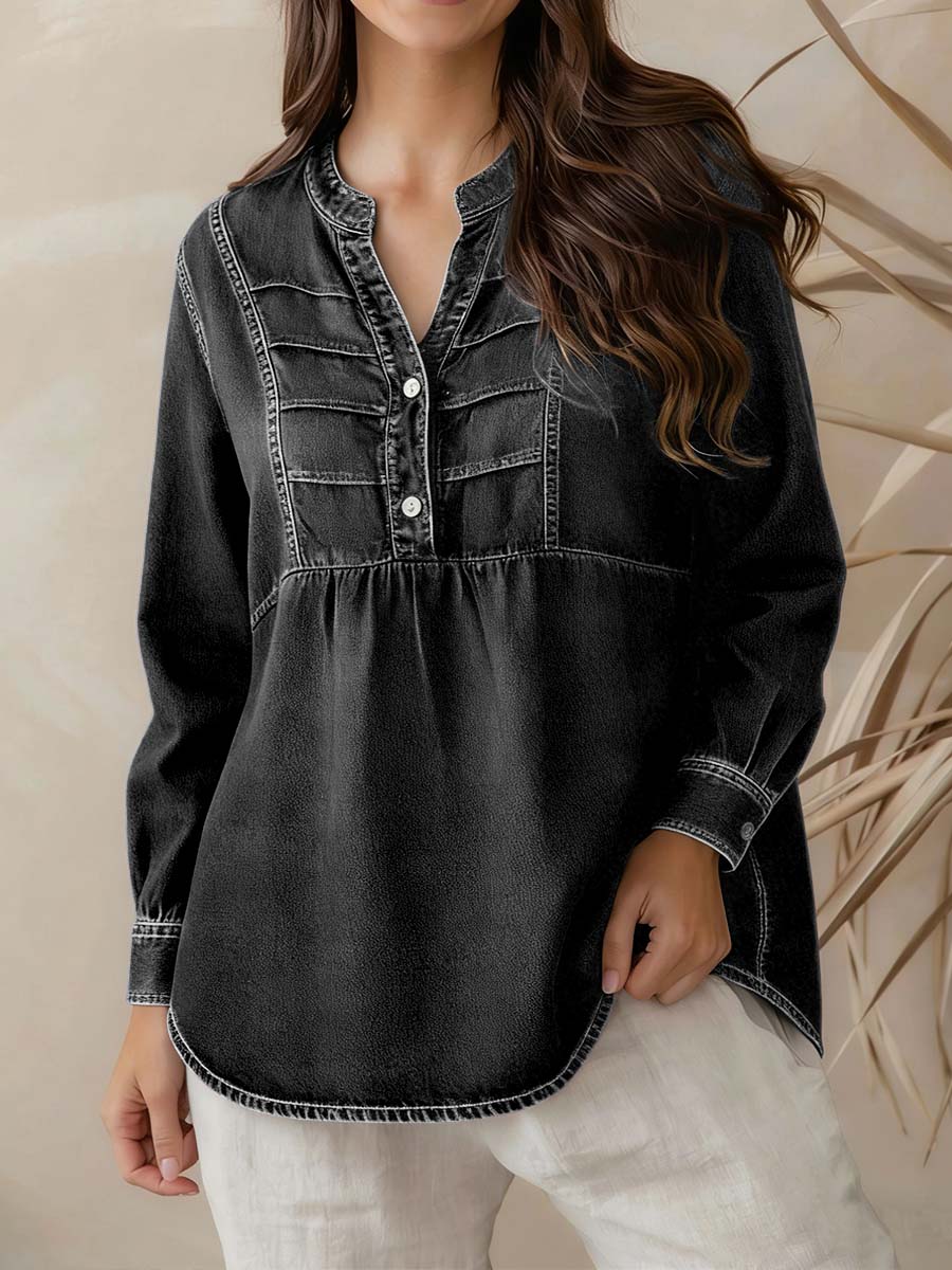 Women's V-neck Long-sleeved Casual Loose Simple Denim Top