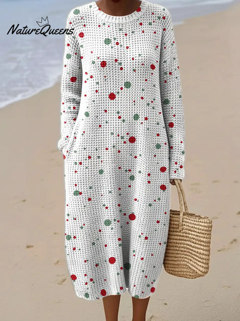 Simple Red And Green Polka Dots Printed Round Neck Knit Dress