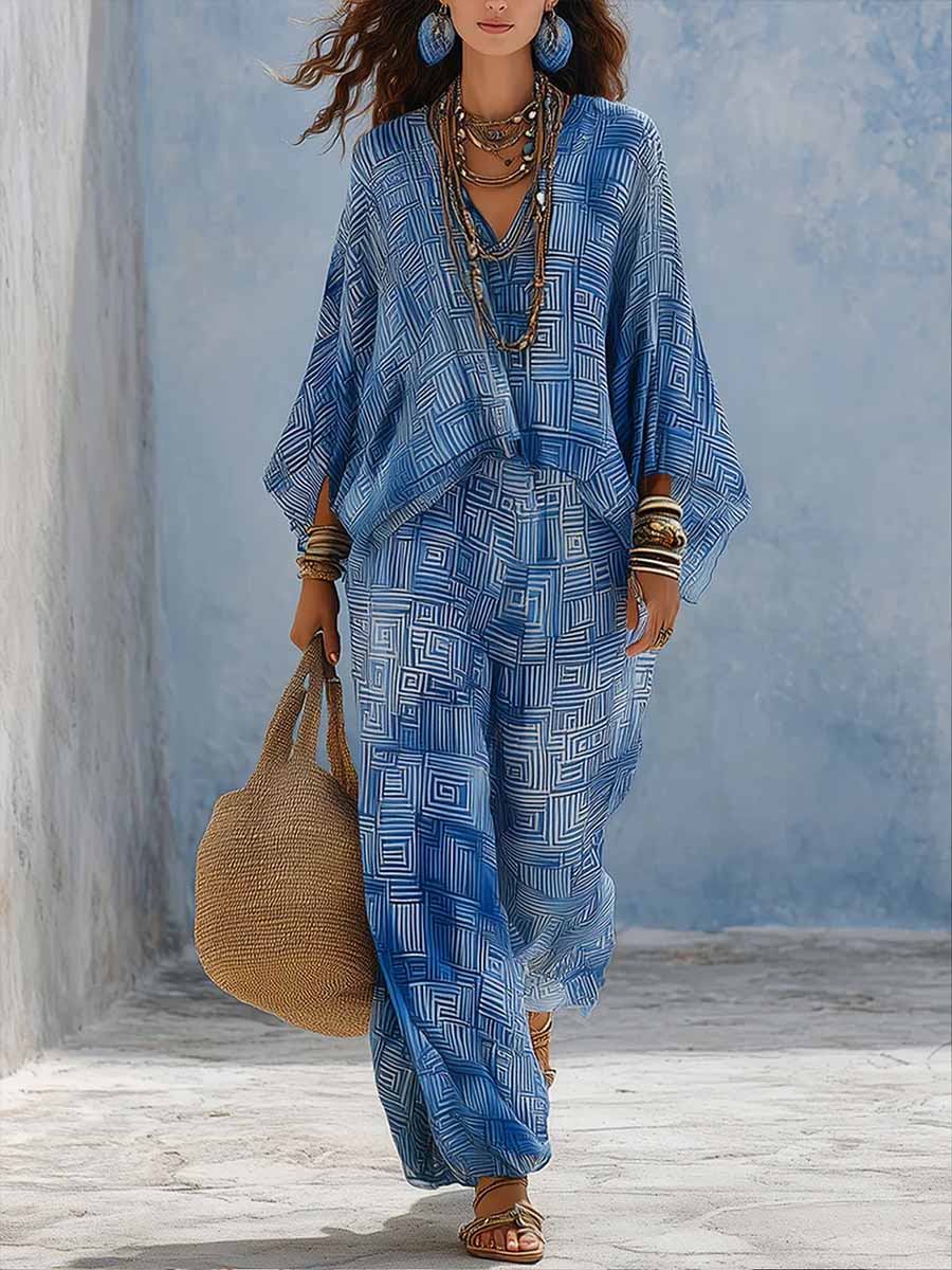 Women's Geometric Print V-neck Long-sleeve Loose Casual Top & High-waisted Wide-leg Pants Set
