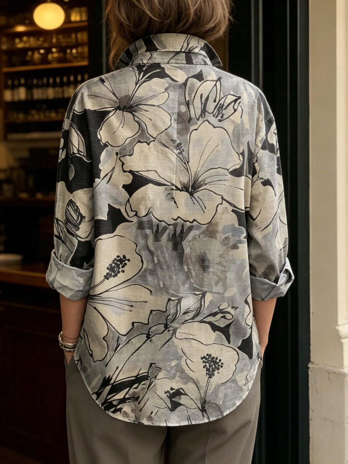 Artistic Watercolor Floral Print Metal-button Shirt