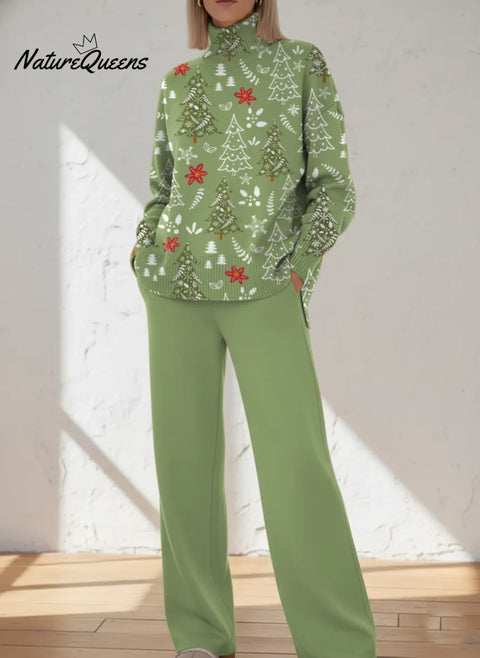 Women's Christmas Tree Pattern Art Print Casual Knitted Cotton Top Pants Suit