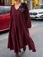 Women's Solid Color V-neck Long-sleeved Casual Loose Cotton Dress