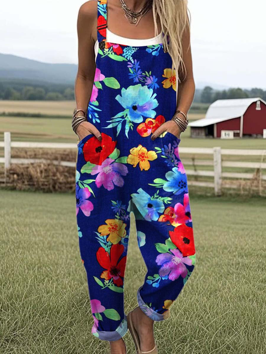 Women's Floral Pattern Print Casual Cotton Wide Leg Jumpsuit