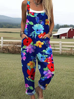 Women's Floral Pattern Print Casual Cotton Wide Leg Jumpsuit