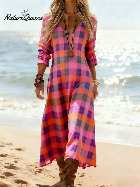 Women's Plaid Pattern Art Print Casual Cotton Dress