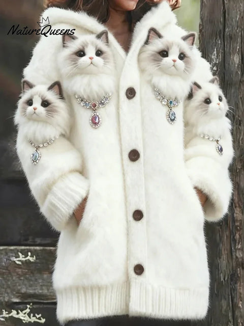 Women's Funny Cats Pattern Art Print Casual Fleece Coat