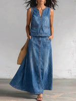 Women's Casual Denim Set: Loose-fit V-neck Sleeveless Top & High-waisted A-line Skirt