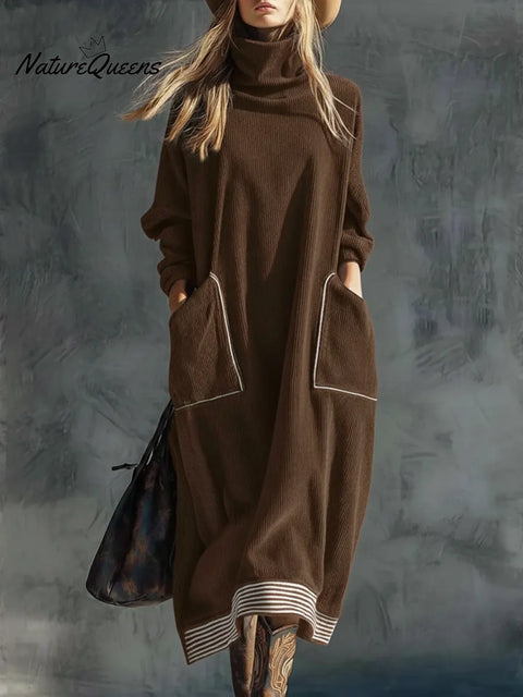 Women's Casual High-neck Corduroy Pocket Dress