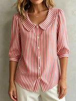 Retro Peter Pan Collar Striped Cotton-linen Shirt