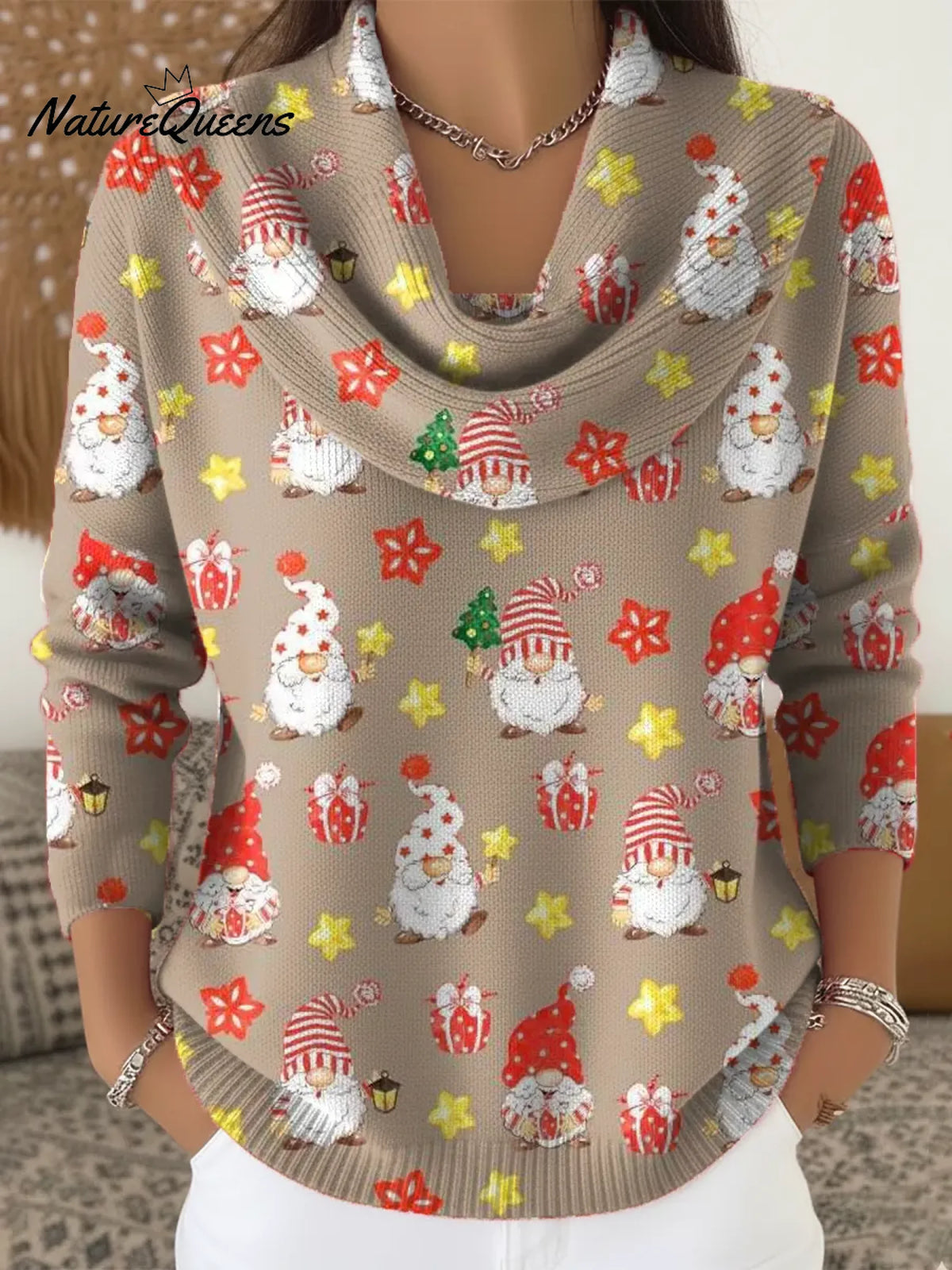 Women's Vintage Christmas Dwarf Santa Claus Art Print Cowl Neck Sweater