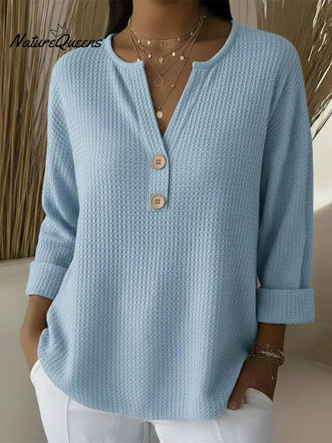 Classic V-neck Button-down Waffle Sweater