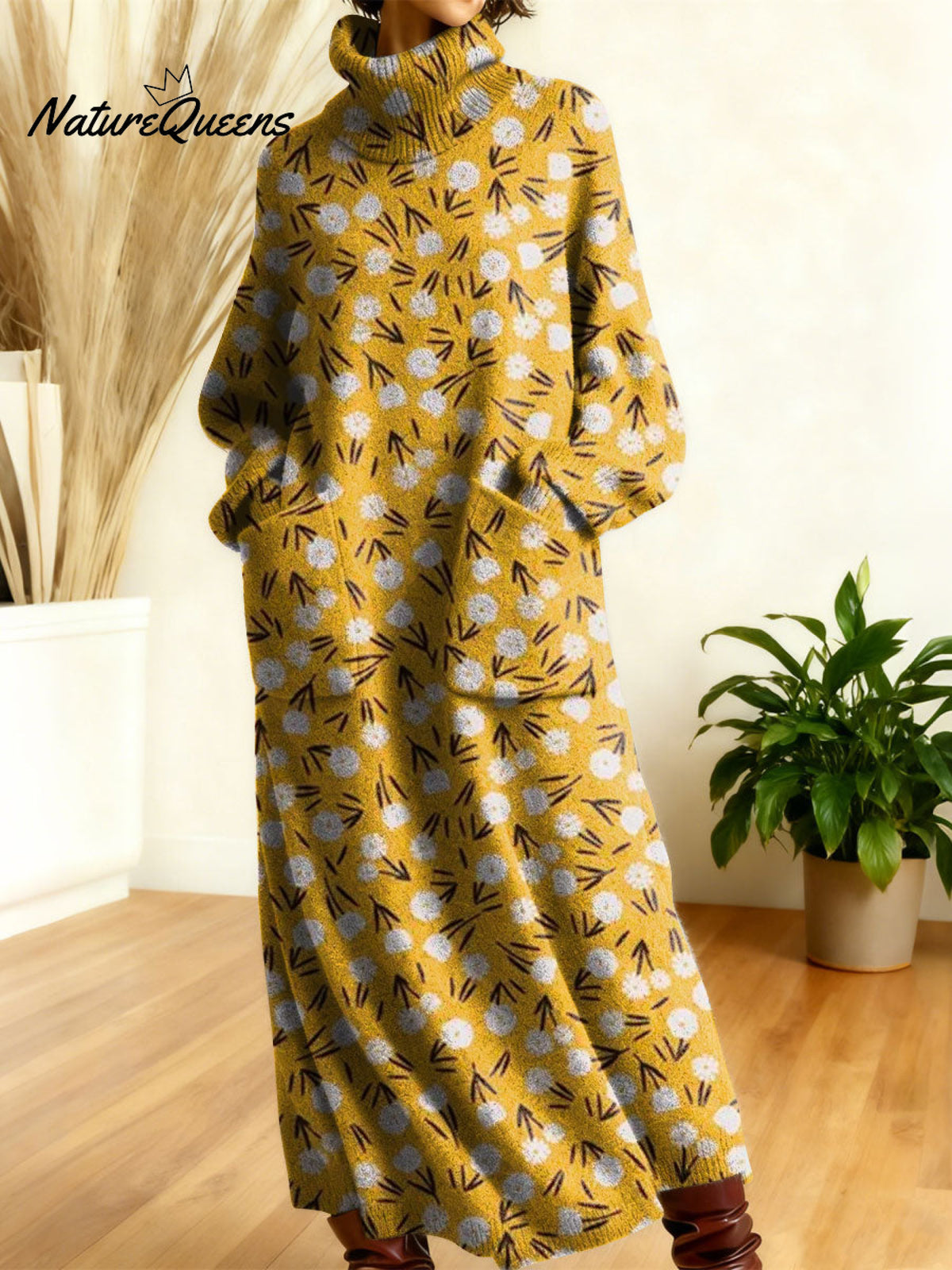 Women's Retro Floral Flowers High-neck Long-sleeve Casual Loose Knit Dress