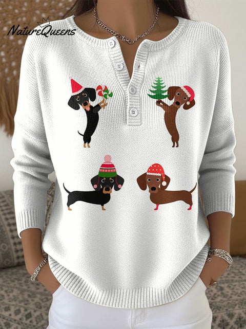 Christmas Dachshund Decoration Pattern Women's Casual Cardigan Collar Sweater