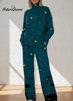 Women's Abstract Pattern Art Print Casual Knitted Cotton Top Pants Suit