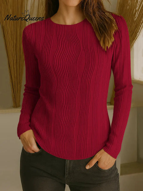 Women's Solid Color Round Neck Long Sleeve Ripple Knit Top