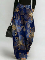 Women's Retro Floral Art Print Casual Stylish Hollow Denim Pants