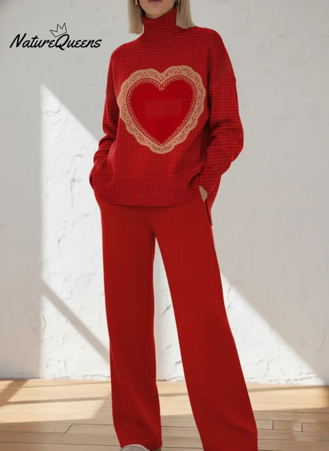 Women's Love Pattern Art Print Casual Knitted Cotton Top Pants Suit