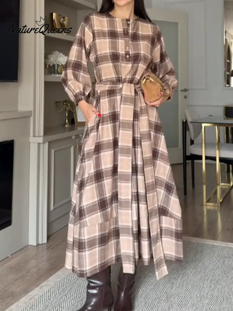 Women's Plaid Long-sleeved Cotton Dress