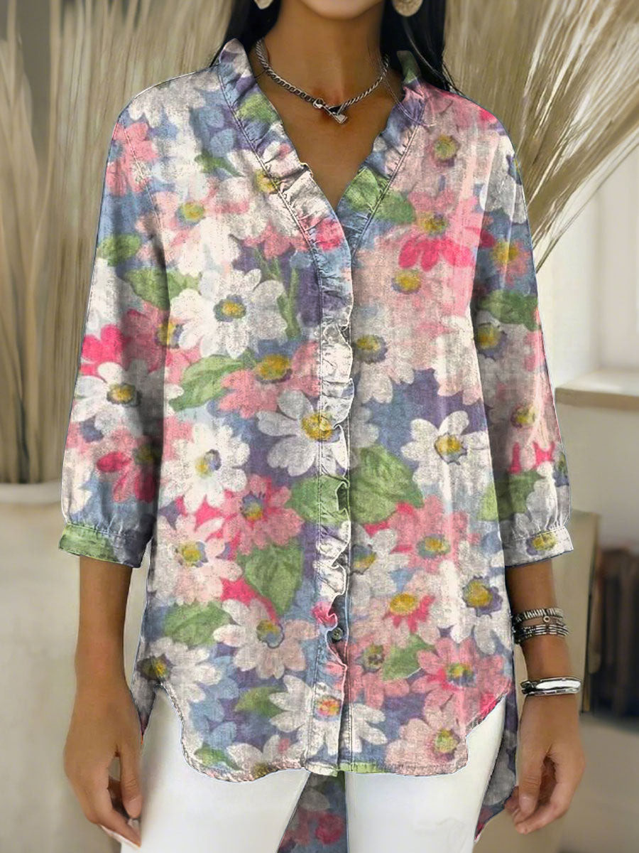 Women's Retro Gradient Flowers Floral Art Casual Denim V-neck Ruffled Shirt