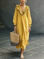 Women's V-neck Long-sleeve Casual Loose-fit Cotton-linen Dress