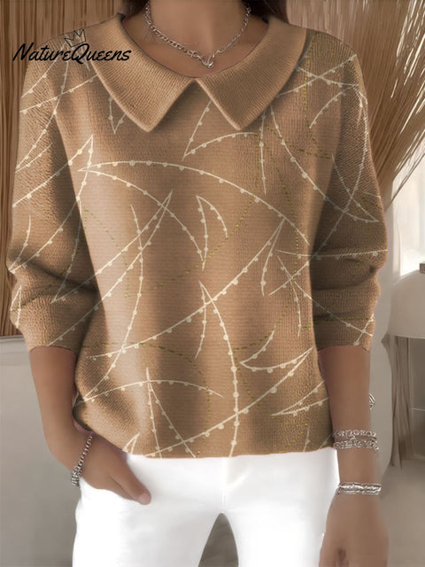 Simple Geometric Line Decorative Patterns Women's Casual Peter Pan Collar 3/4 Sleeve Sweater
