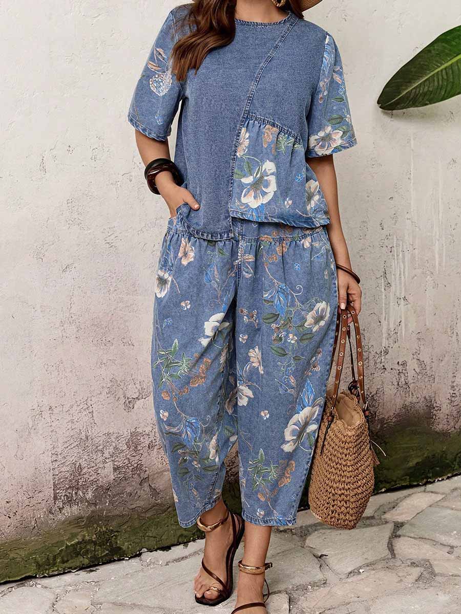 Women's Casual Denim Print Set: Crew Neck Short-sleeve Loose-fit Top & High-waisted Wide-leg Pants