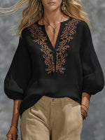 Loose-fitting V-neck Linen And Cotton Shirt