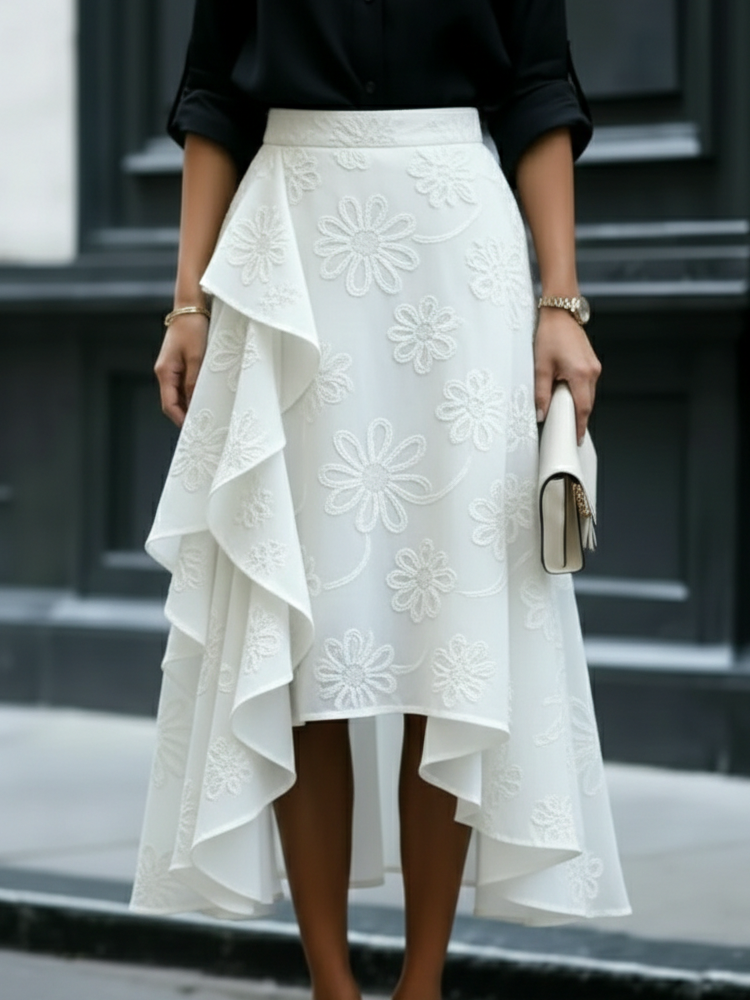 Elegant Romantic Ruffled Hem Floral Embroidery Skirt