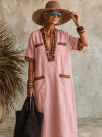 Elegant Deep V-neck Contrast Trim Linen-cotton Dress
