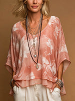 Women's Vintage-print V-neck 3/4-sleeve Casual Loose Chiffon Top