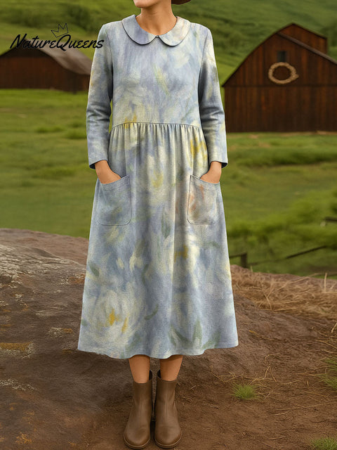 Painting art elegant flower decorative pattern Peter pan Collar Casual Dress
