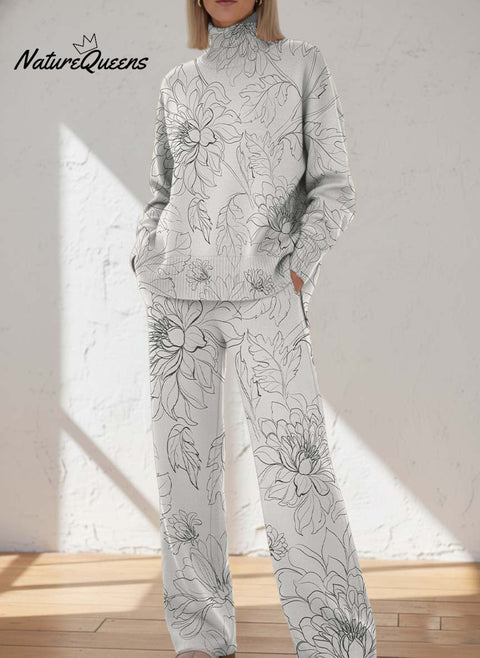 Line Sketch Of Floral And Plant Decorative Patterns Casual Stand Collar Long Sleeve Top And Pants