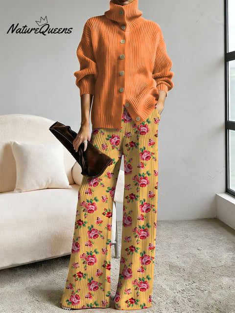 Women's Floral Pattern Art Print Casual Cotton Knitted Suits