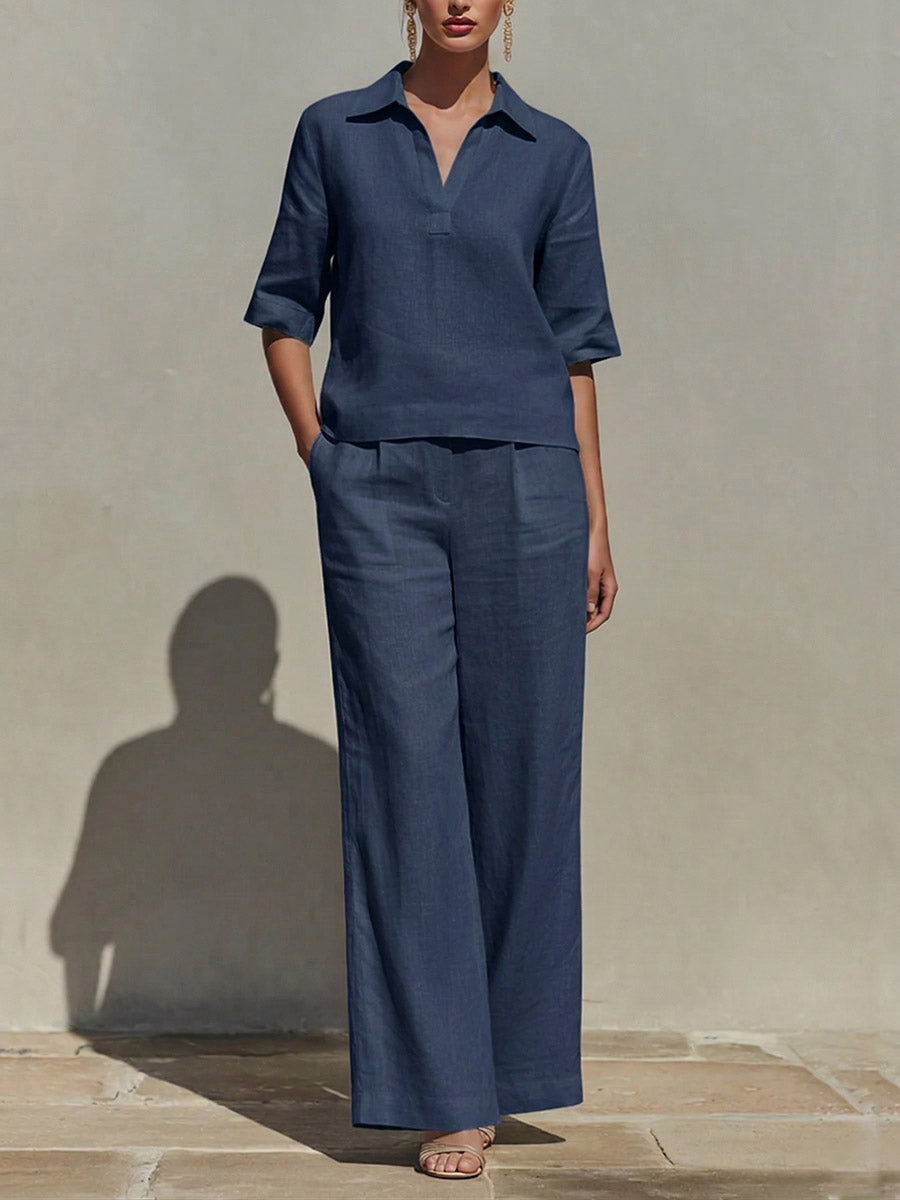 Women's Solid-color Cotton & Linen Set: V-neck Short-sleeve Loose-fit Top And High-waisted Wide-leg Pants