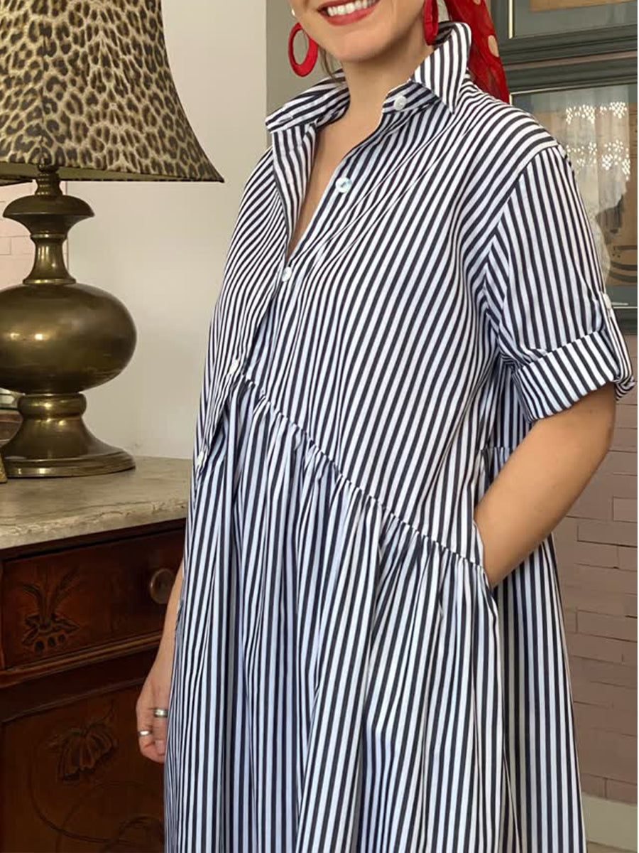 Casual Striped Cotton Shirt Dress