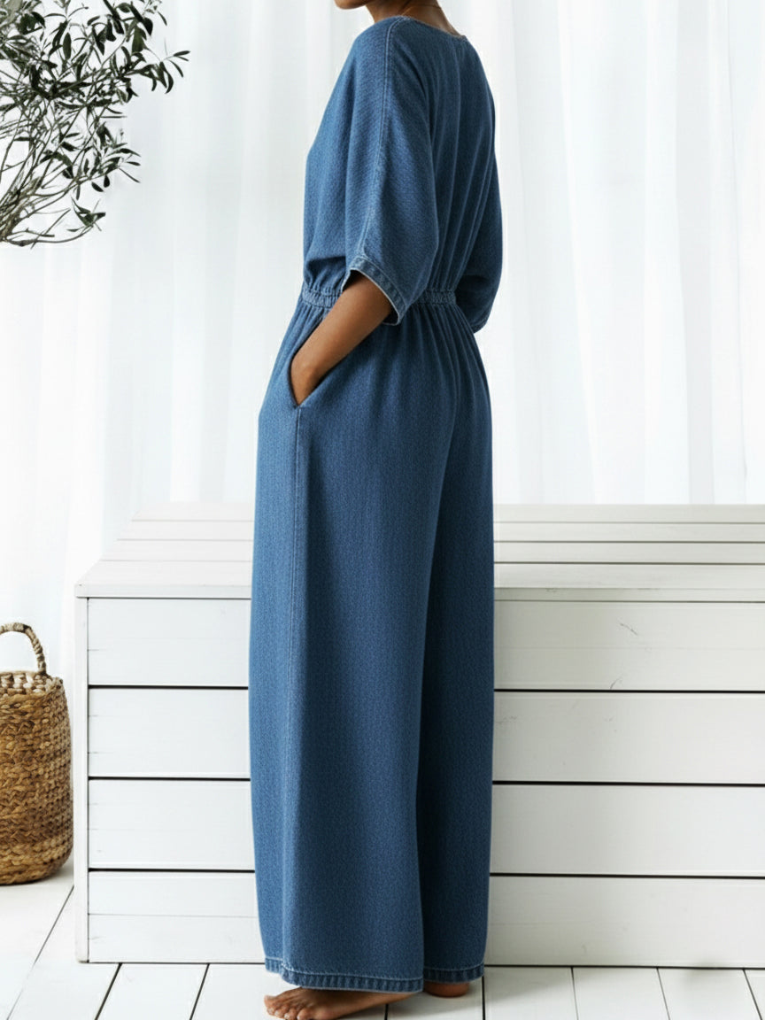 Casual V-neck Loose-fitting Drawstring Waist Denim Jumpsuit