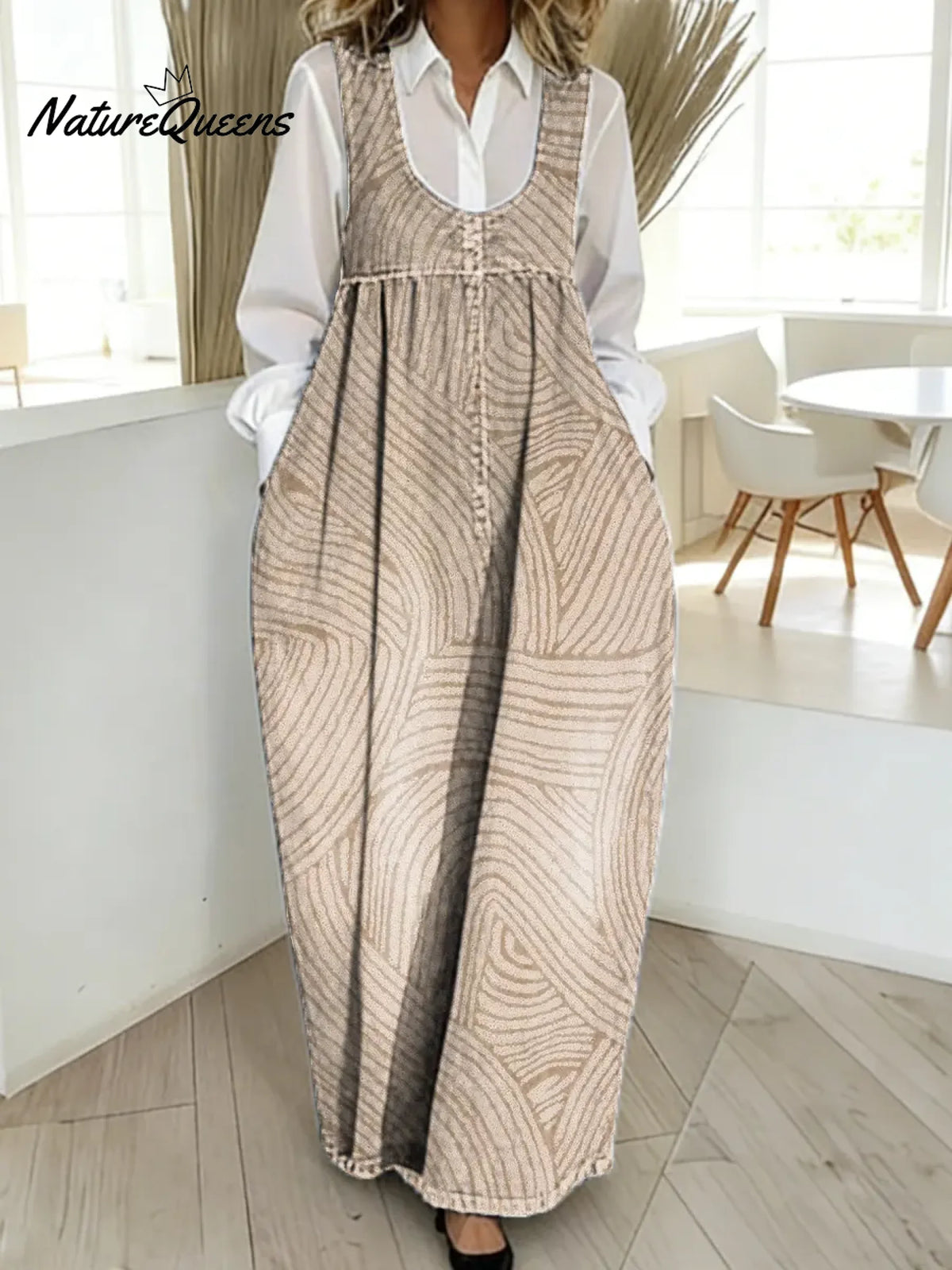 Women's Abstract Line Pattern Art Print Casual Cotton Denim Dress