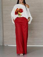 Stylish And Comfortable Two-piece Set: Floral-print Linen-cotton Top And Solid-color Trousers