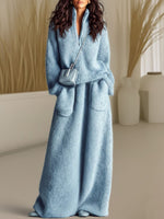 Women's Solid Color Cardigan Collar Long-sleeve Casual Loose Knit Top And High-waisted Casual Loose A-line Skirt Knit Set