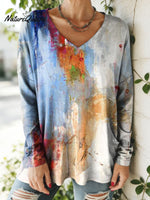 Women's Abstract Colors Pattern Art Print V-neck Casual Cotton T-shirt