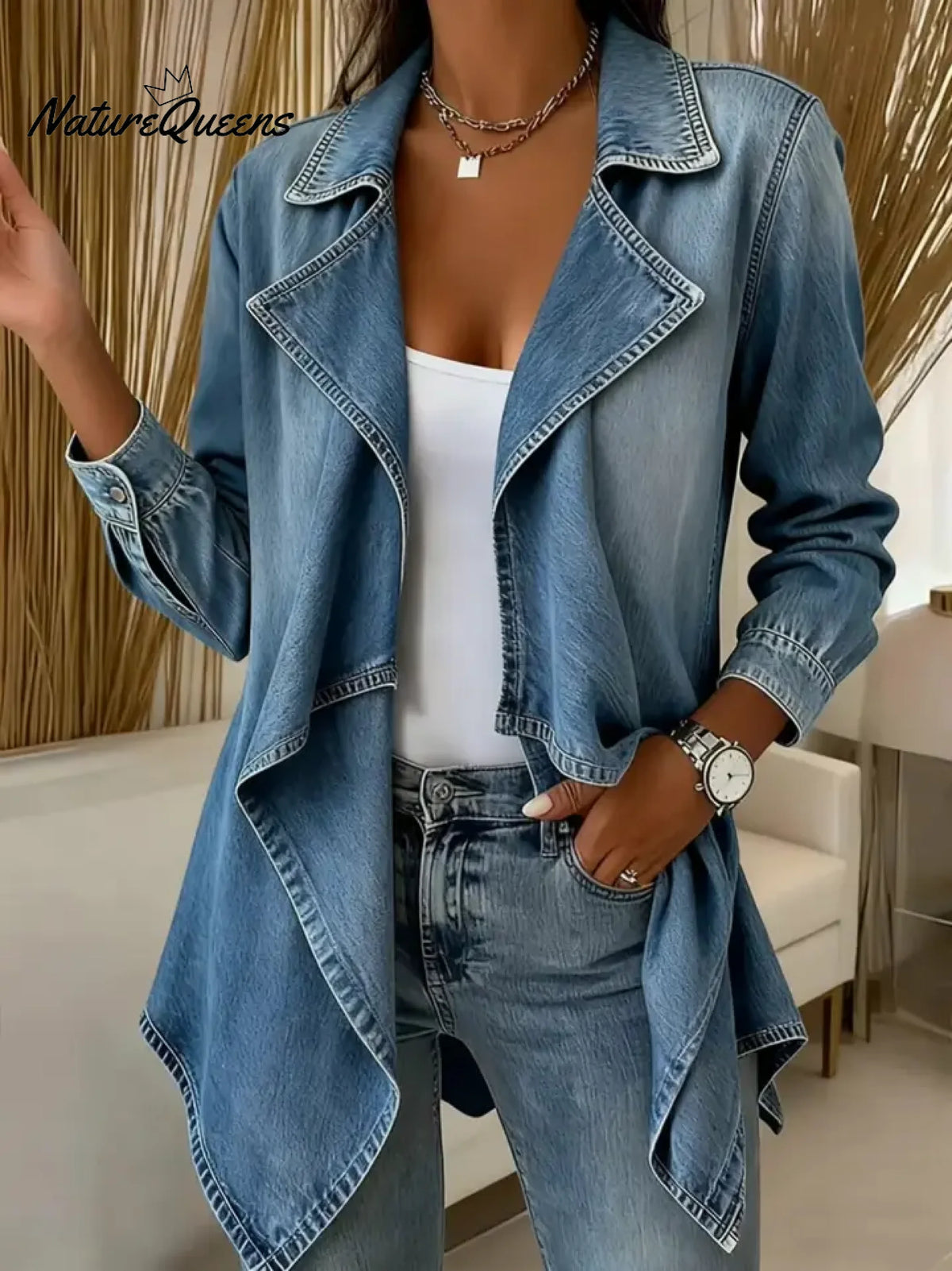 Women's Solid Color Long-sleeved Casual Loose Denim Cardigan With Irregular Hem.