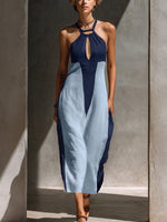 Minimalist & Elegant Color-block Cotton-linen Halter Midi Dress