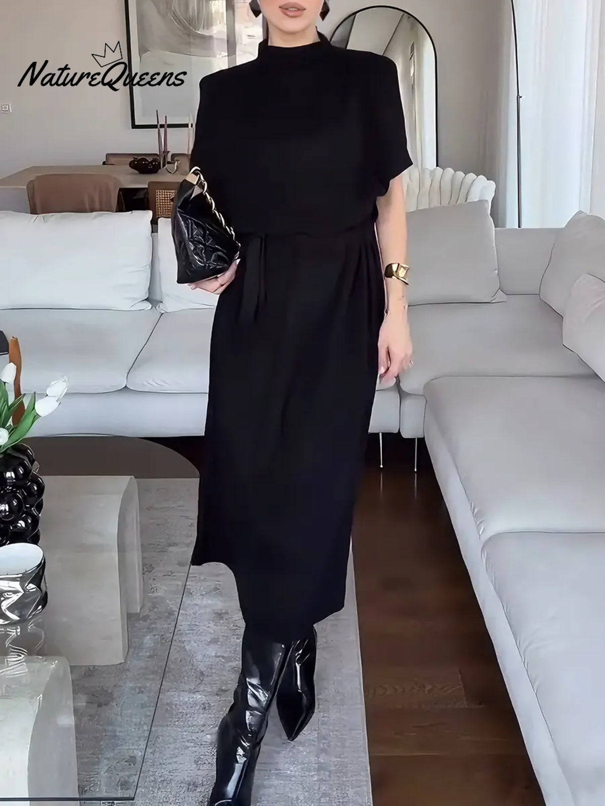 Women's Solid Color Stand Collar Short Sleeve Casual Loose Knit Dress