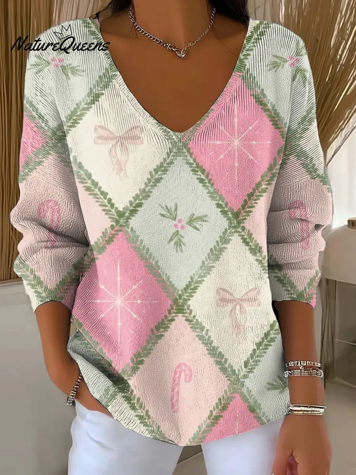 Diamond Christmas Printed Casual V-neck Sweater