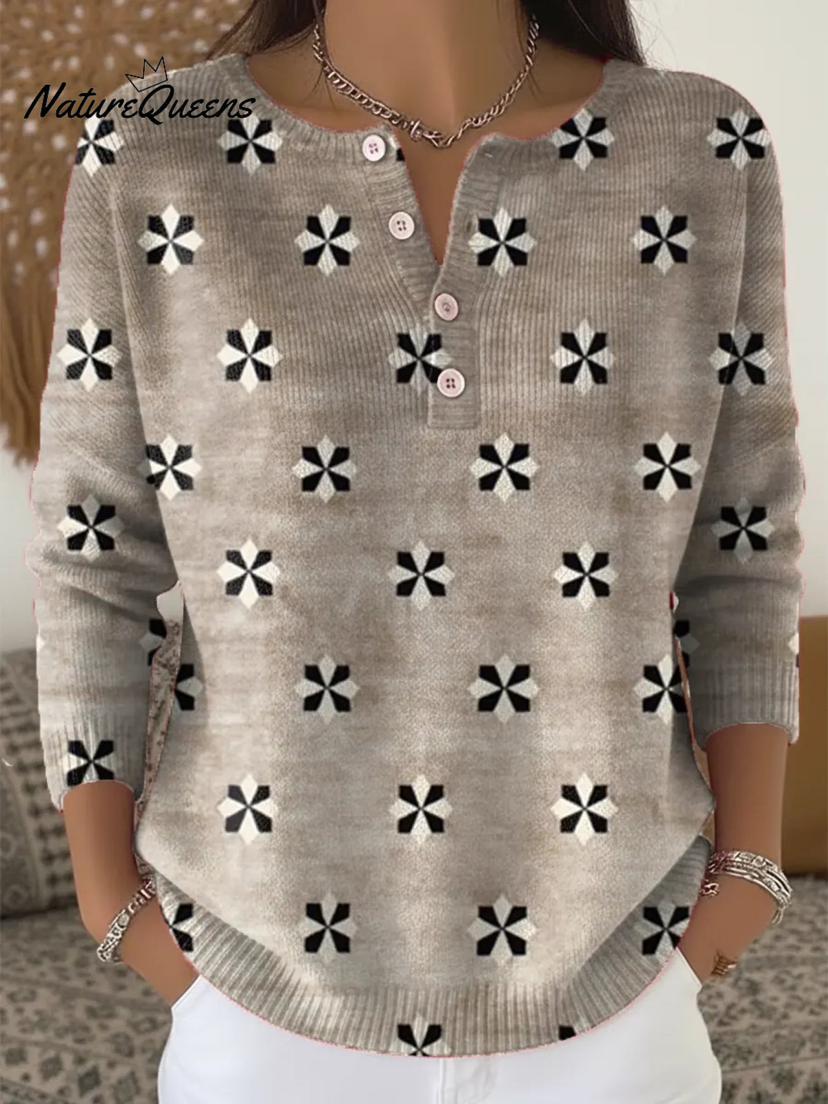 Women's Vintage Abstract Geometry Art Print Buttoned Cardigan Sweater