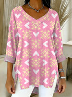 Women's Valentine's Day Heart-shaped Art Print Casual Washed Denim Cotton Top