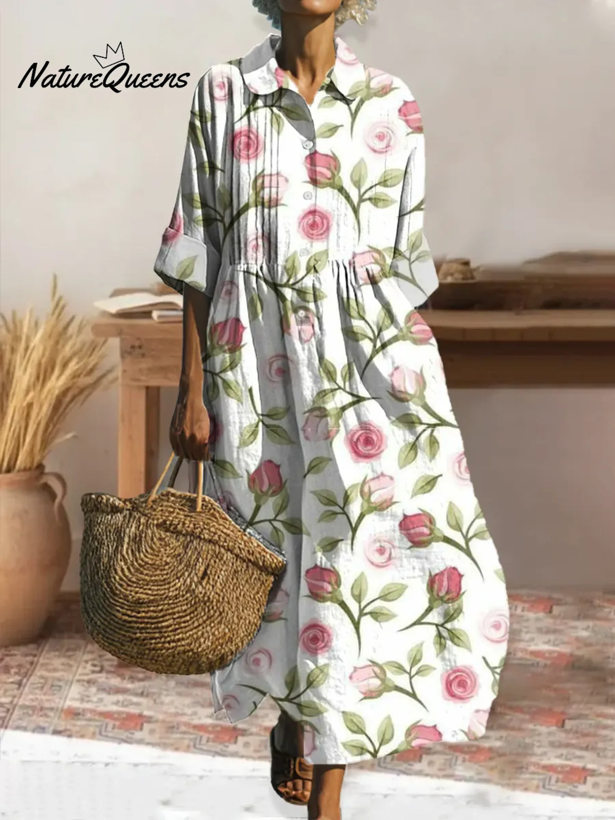 Women's Retro Floral Art Print Pleated Peter Pan Collar Casual Dress