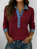 Casual Patchwork Denim Knit Top