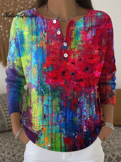 Women's Multicolor Flowers Pattern Art Print Buttoned Cardigan Sweater